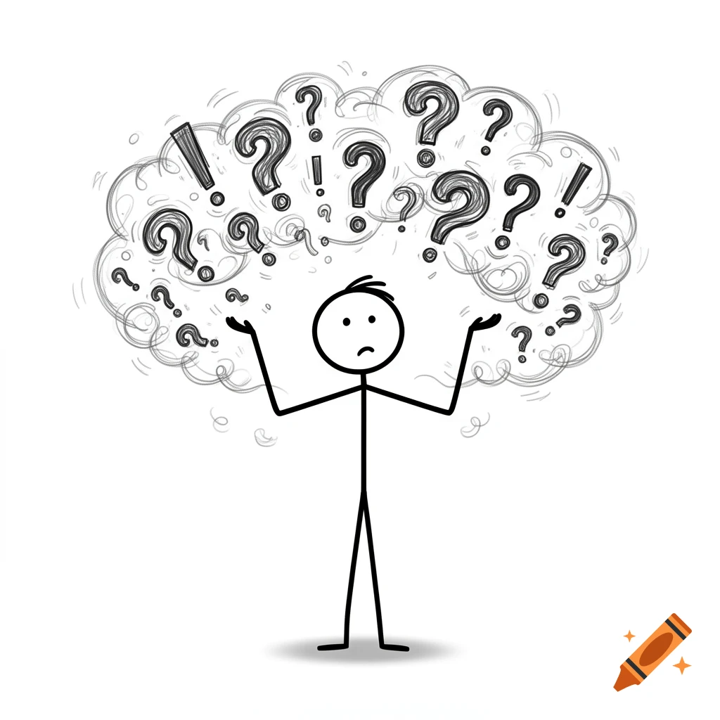 A black and white stick figure shrugs with a confused expression, surrounded by question marks and exclamation points.