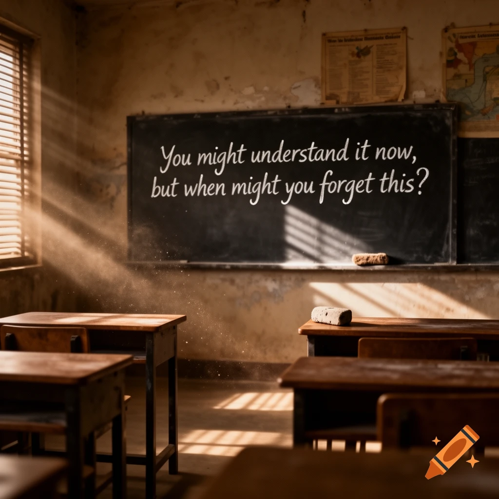 A dusty, sunlit old classroom with empty wooden desks and a blackboard displaying the quote: "You might understand it now, but when might you forget this?"