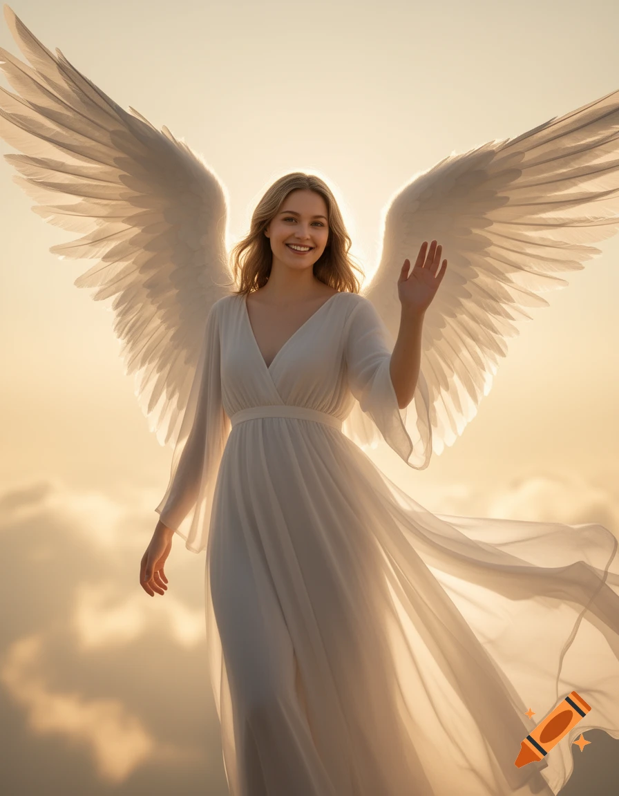 A smiling blonde woman in a white flowing gown with large white wings waves against a bright, golden sky.