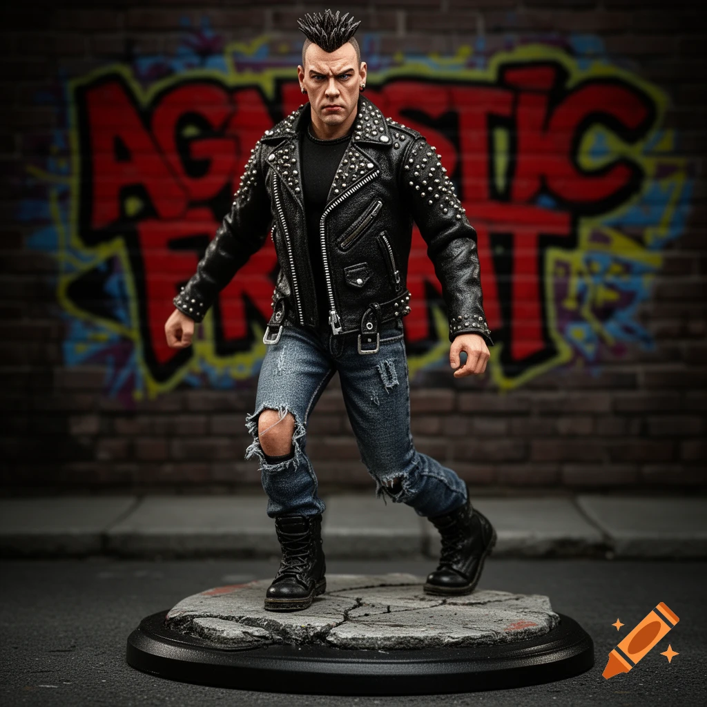 Photorealistic action figure of a punk rocker with a mohawk, studded leather jacket, ripped jeans, and black boots, standing before a graffiti-covered brick wall.