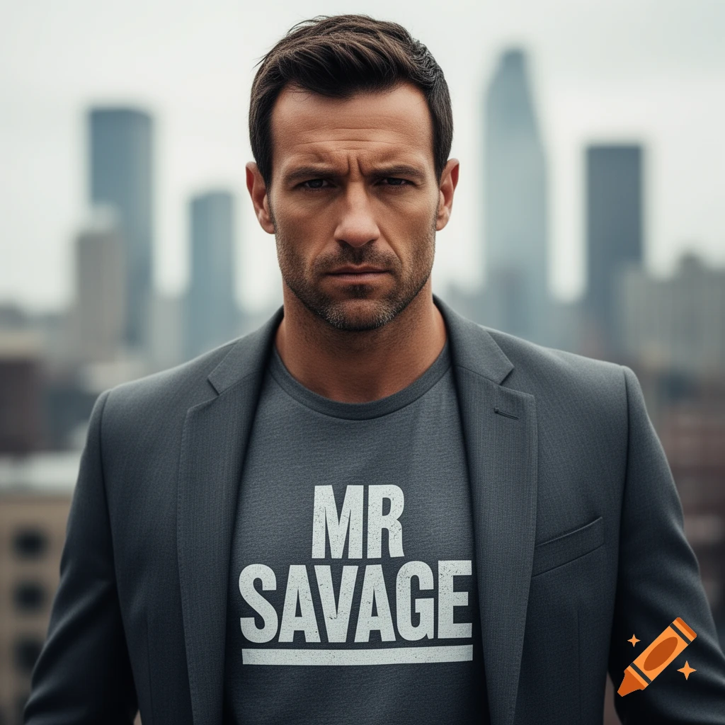 Photorealistic portrait of a serious man in a gray suit jacket and 'MR SAVAGE' t-shirt against a blurred city skyline.