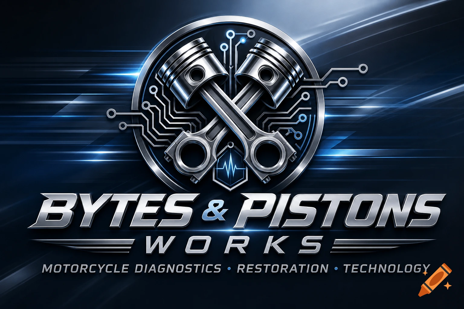 Metallic logo with crossed pistons and circuit board details on a dark blue background. Text reads 'BYTES & PISTONS WORKS MOTORCYCLE DIAGNOSTICS • RESTORATION • TECHNOLOGY'.