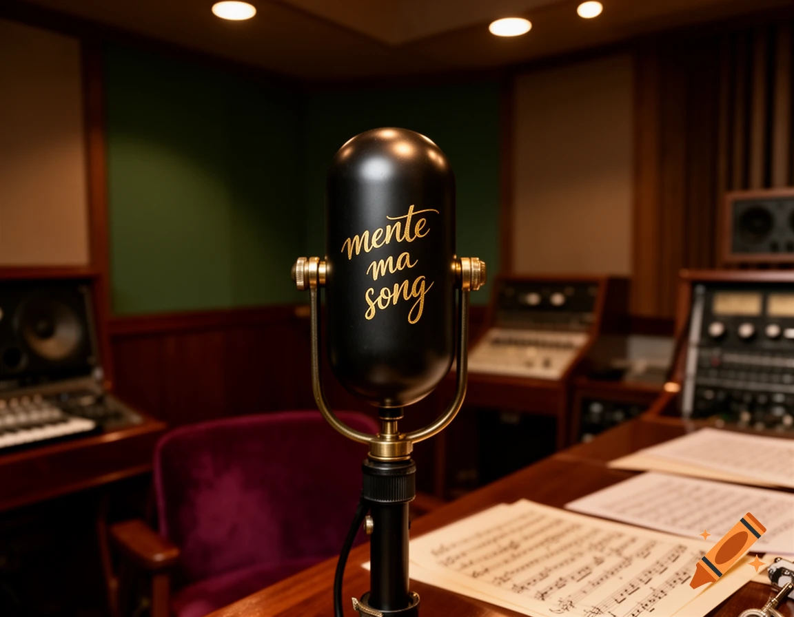 Close-up of a vintage-style black microphone with "mente ma song" in gold script, on a wooden desk with sheet music in a recording studio.