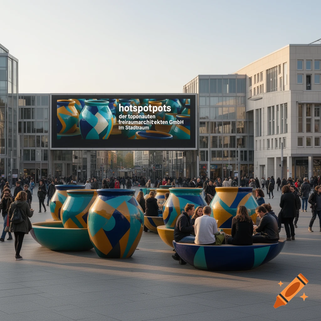 People gather in a modern city square featuring large, colorful, abstract vase-shaped art installations and a prominent billboard.