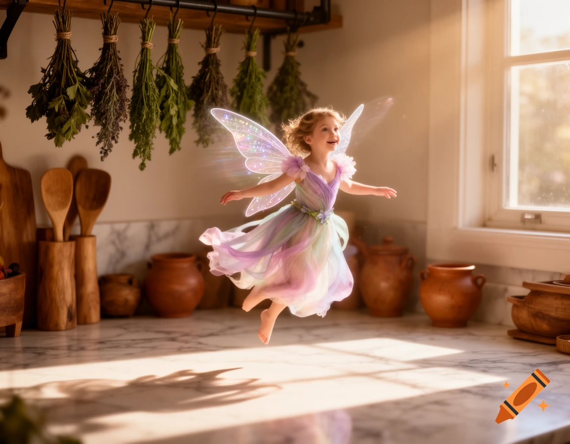 A little girl with sparkly wings and a pastel fairy dress floats happily in a sunlit kitchen with hanging herbs.