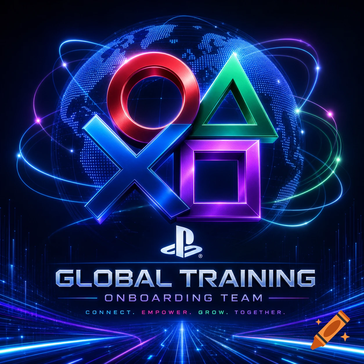 Glowing PlayStation X, O, Triangle, Square symbols over a globe, with 'GLOBAL TRAINING ONBOARDING TEAM' and a motto below.