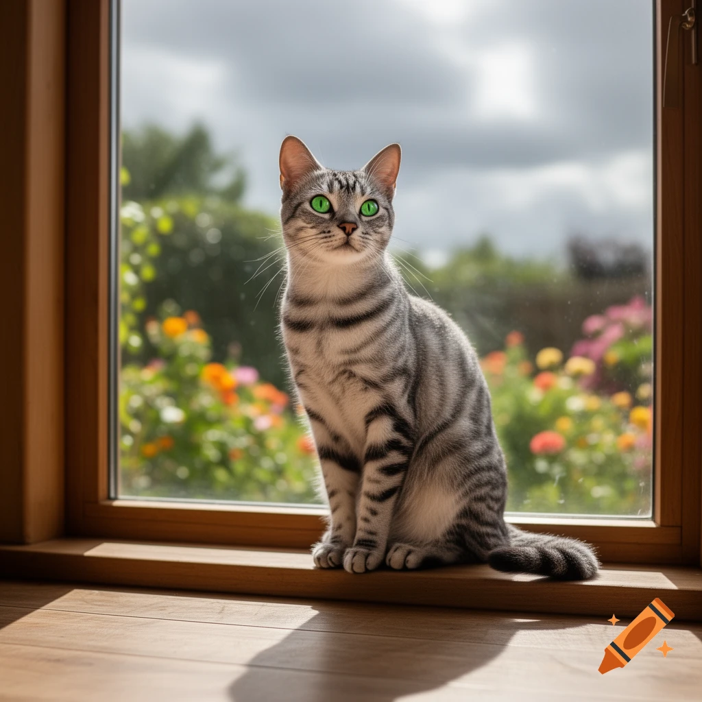A gray tabby cat with bright green eyes sits on a wooden windowsill, looking out at a sunny garden with colorful flowers.
