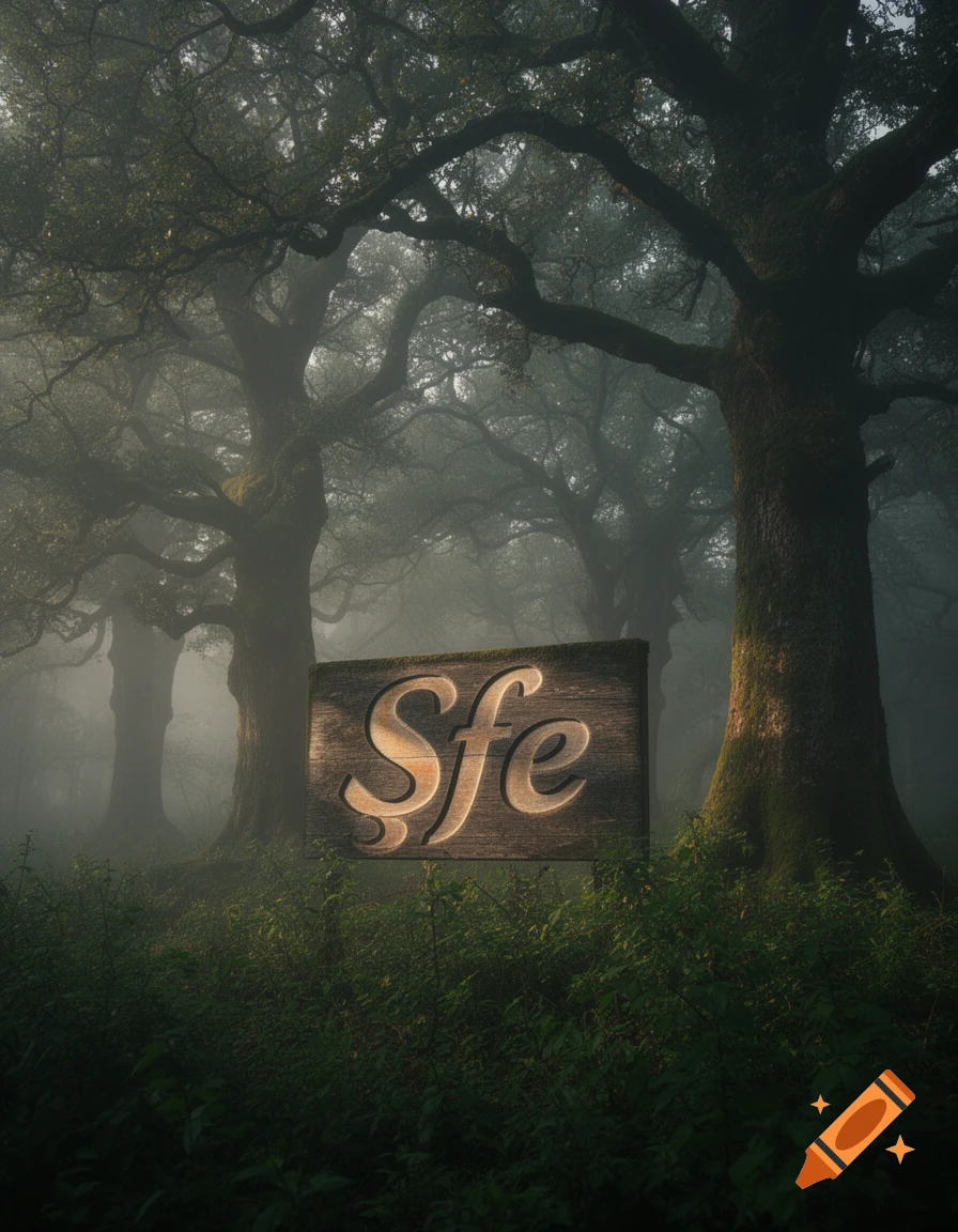A wooden sign with 'Şfe' carved into it stands in a misty, lush green forest with large, ancient trees.