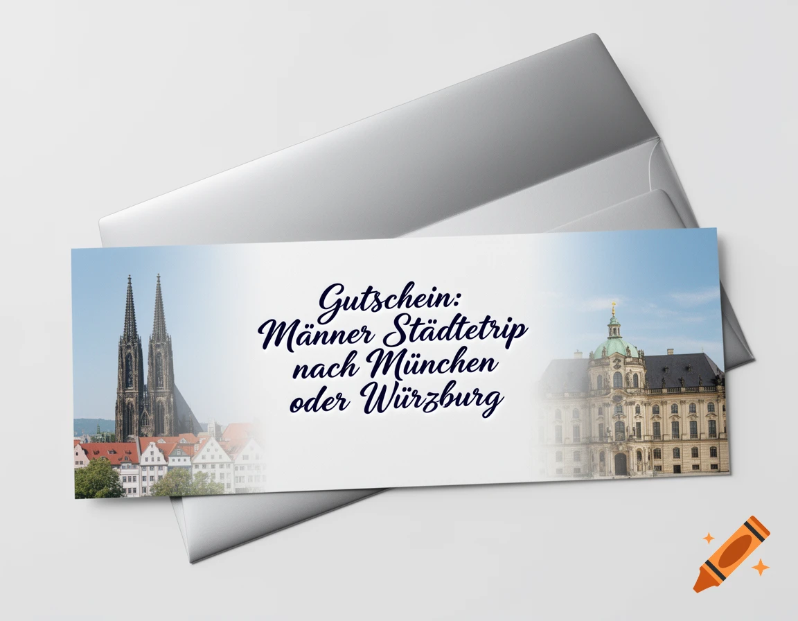 Photorealistic gift voucher for a men's city trip to Munich or Würzburg, with cityscape art, resting on a silver envelope.