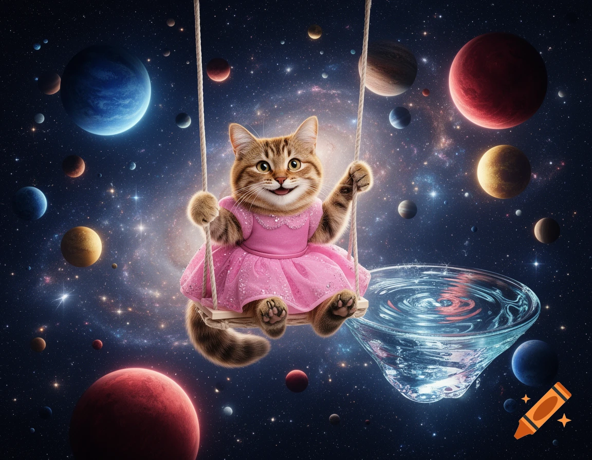 A happy tabby cat wearing a pink dress swings between planets and stars in outer space, with a large bowl of water nearby.