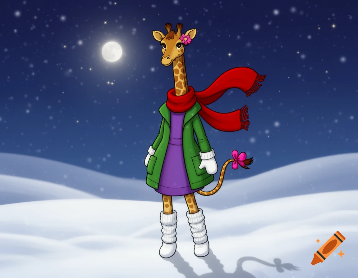 Cartoon female giraffe in a red scarf, green coat, purple dress, white mittens and leg warmers, standing in the snow at night.