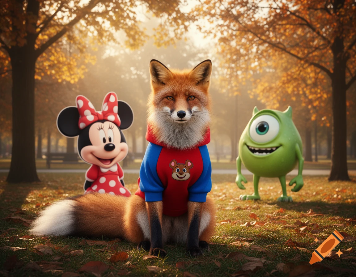 A photorealistic fox in a red and blue hoodie sits in an autumn park with Minnie Mouse and Mike Wazowski standing behind it.