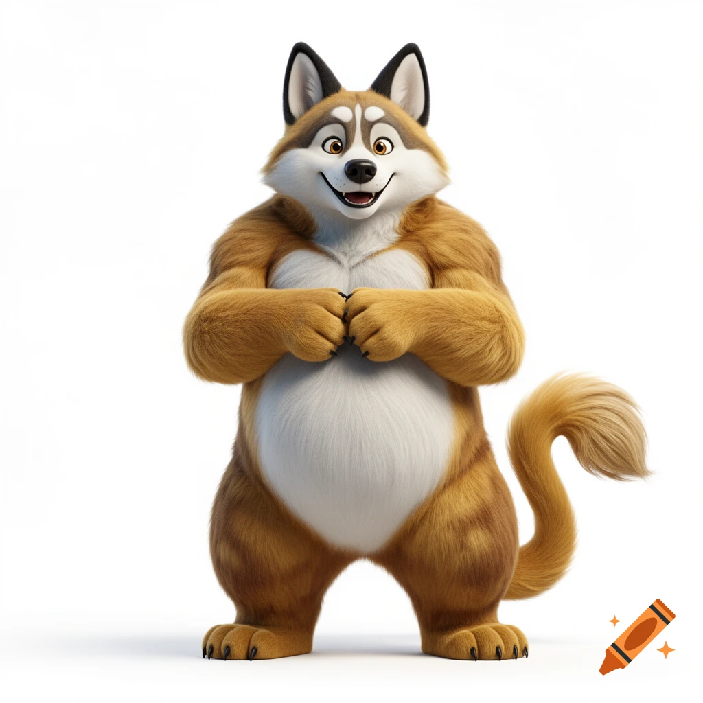 A friendly, furry anthropomorphic husky-like creature with brown and white fur, a round belly, and a lion tail, smiling on a white background.