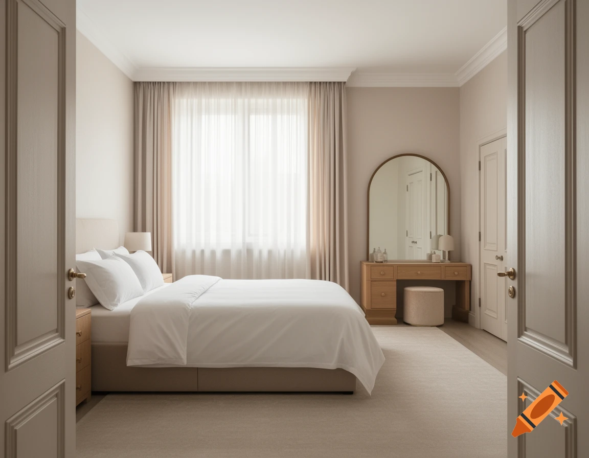 A clean, photorealistic master bedroom with white bedding, a light oak vanity, arched mirror, sheer curtains, and two open doors.