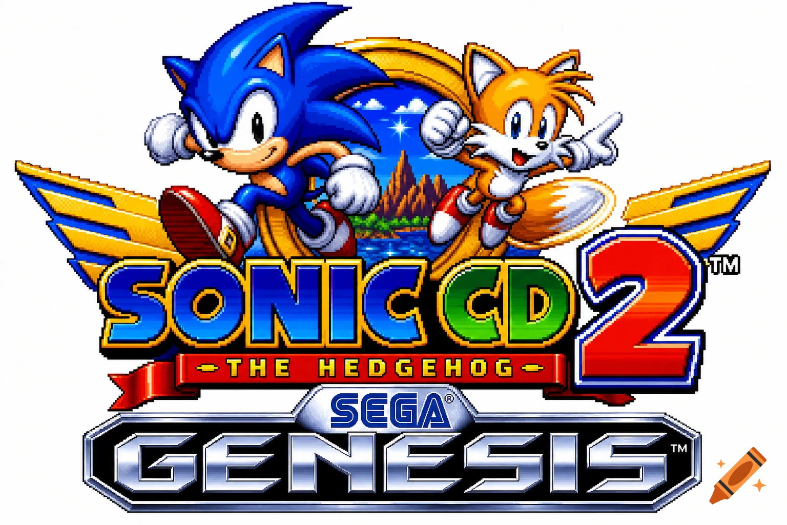 16-bit pixel art logo for 'Sonic CD 2' featuring classic Sonic the Hedgehog and Miles 'Tails' Prower, with 'Sega Genesis' below.