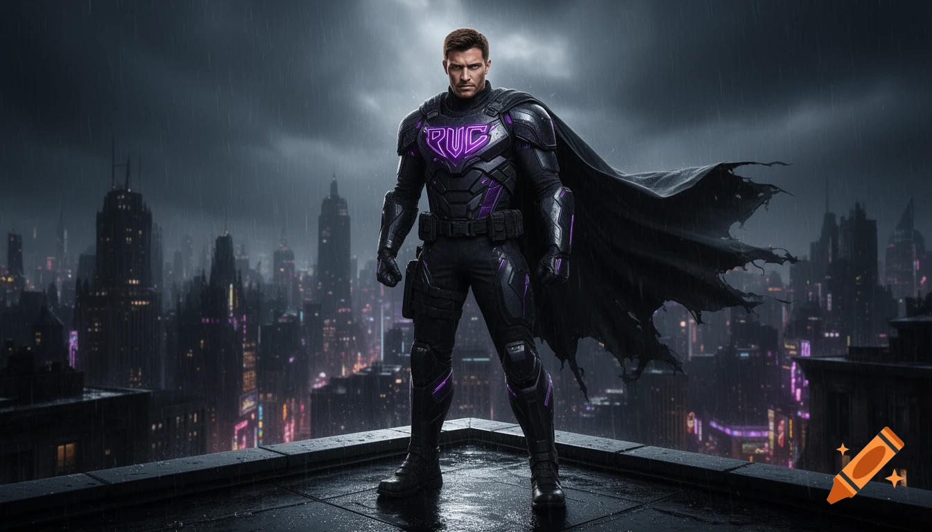 A grim male superhero in black and purple tactical armor and a tattered cape stands on a rainy rooftop overlooking a dark, neon-lit city at night.