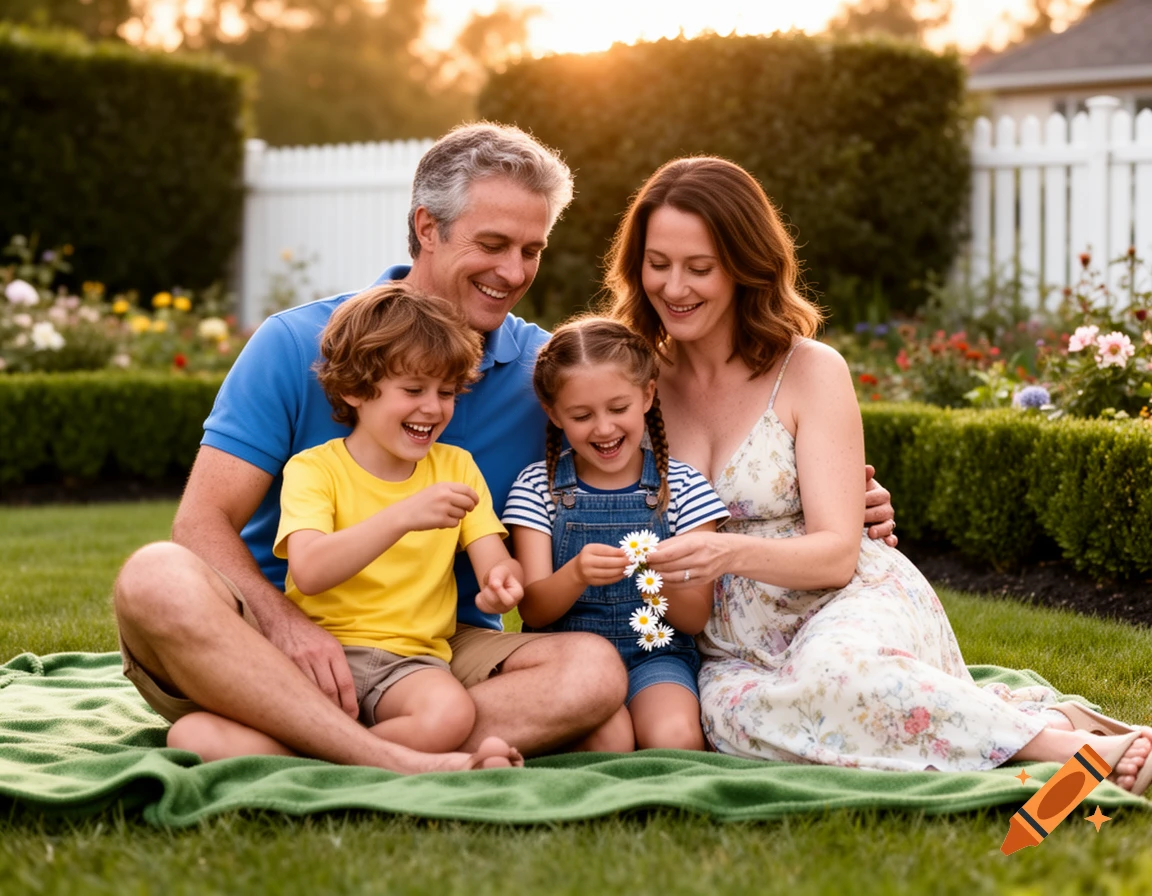 A happy family, with a mum, dad, and two kids, sitting on a green blanket in a sunny garden, looking at daisies. Photorealistic.