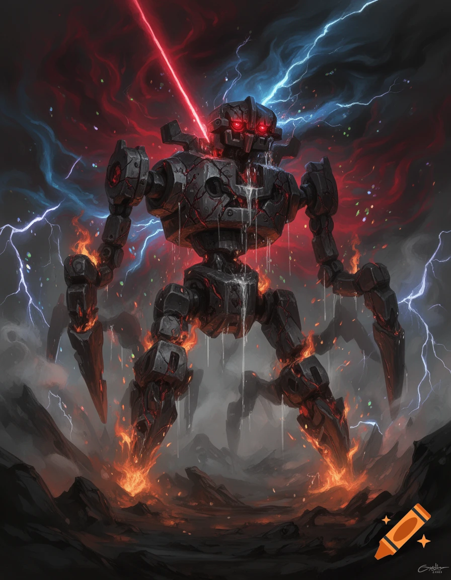A menacing, cracked robot guardian with glowing red eyes shoots a laser amidst fire, lightning, and dripping liquid in a desolate, dark landscape.