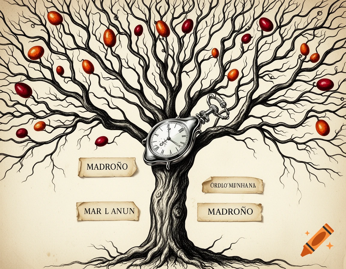 A stylized black and white Madroño tree with red and orange fruits, featuring a melted pocket watch embedded in the trunk and text banners with some illegible words.