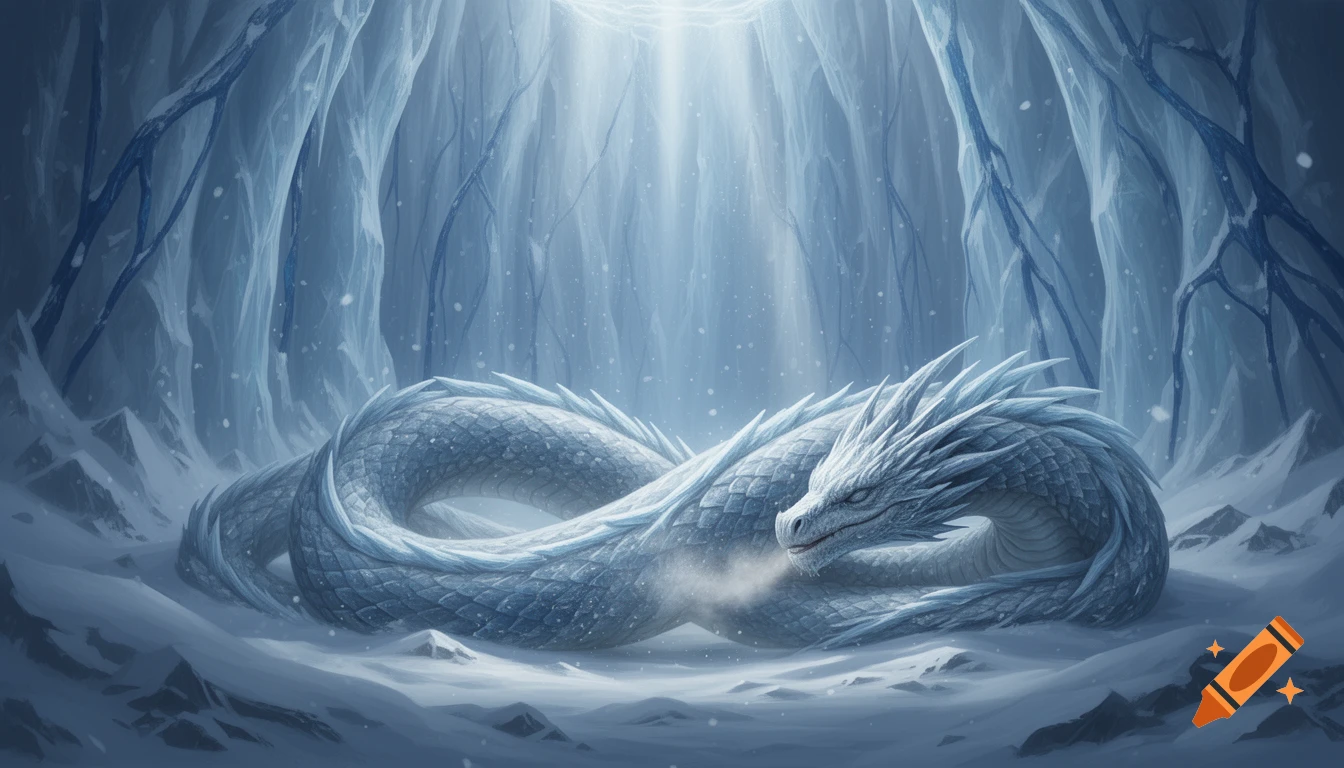 A majestic ice wyrm coils in a snowy glacial chasm, breathing faint mist. Pale light pierces from above.