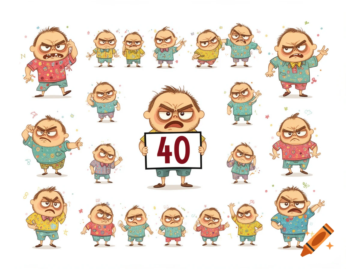 Numerous grumpy cartoon men in colorful pajamas are scattered on a white background, with a central figure holding a sign that reads '40'.