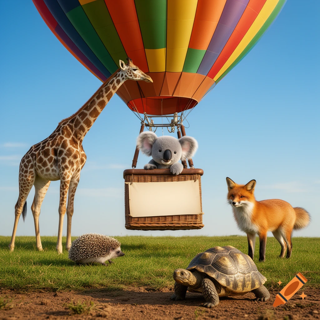 Photorealistic image of a giraffe, fox, hedgehog, and turtle on grass with a koala in a hot air balloon basket holding a blank sign.