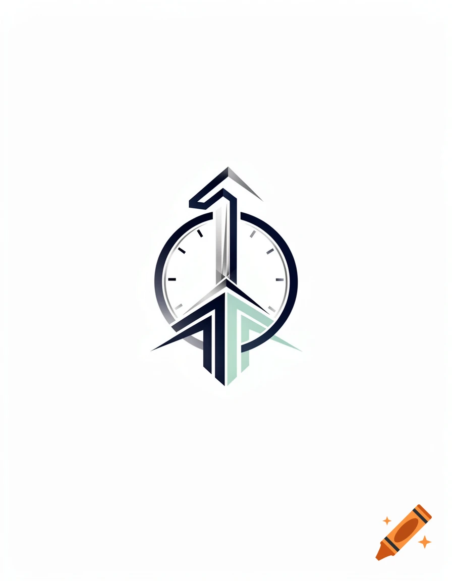 Abstract logo with a stylized number one forming an upward arrow, integrated with a clock face and geometric building-like shapes in dark blue, light blue, and grey on a white background.