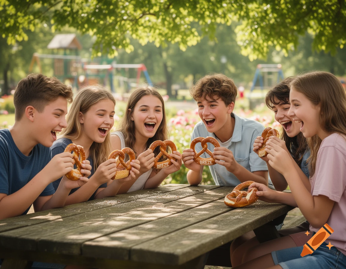 Happy teenagers eat pretzels at a picnic table in a sunny park with trees and a playground, photorealistic.
