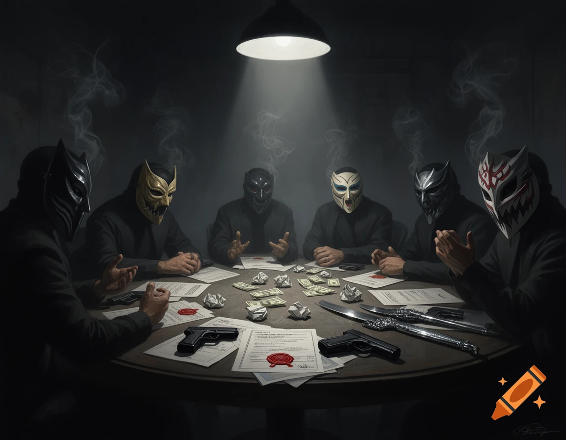 Six masked figures in a smoky room, seated around a table with guns, knives, money, and documents under a single overhead light in a neo-noir style.