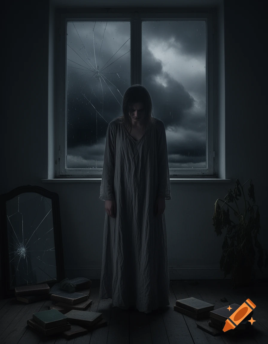 A melancholic figure in a long dress stands in a dark, broken room with a shattered window and stormy sky.