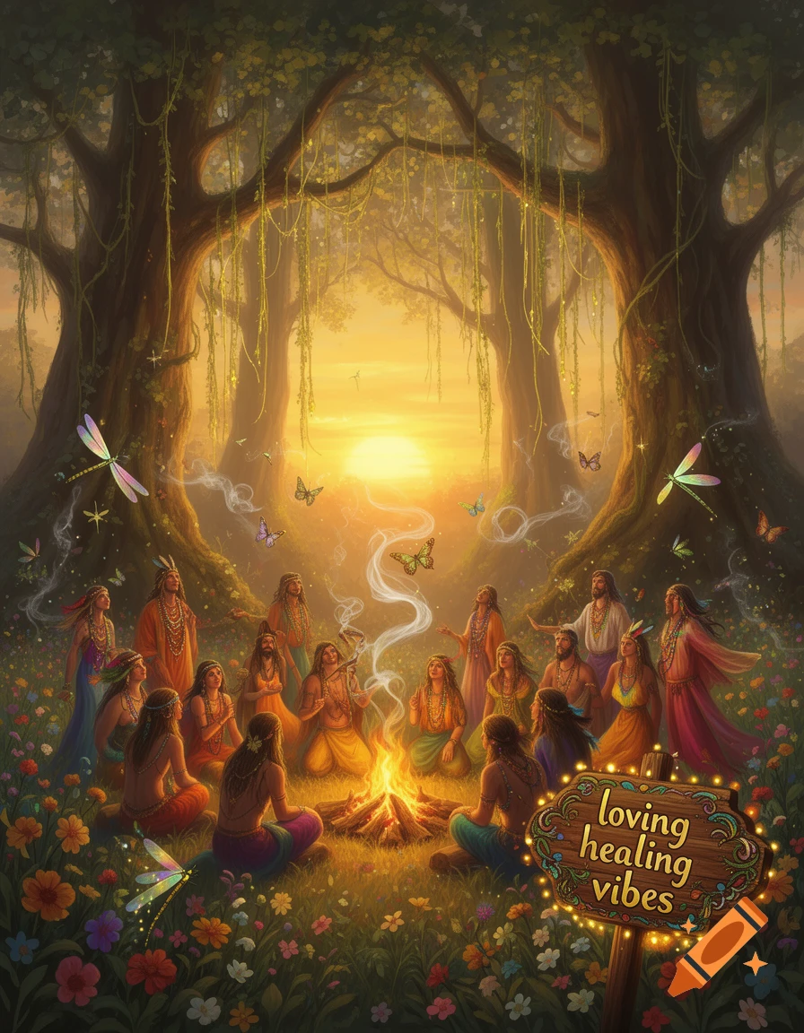 A vibrant fantasy illustration of a diverse group gathered around a campfire in an enchanted forest at sunset, with a sign reading "loving healing vibes".