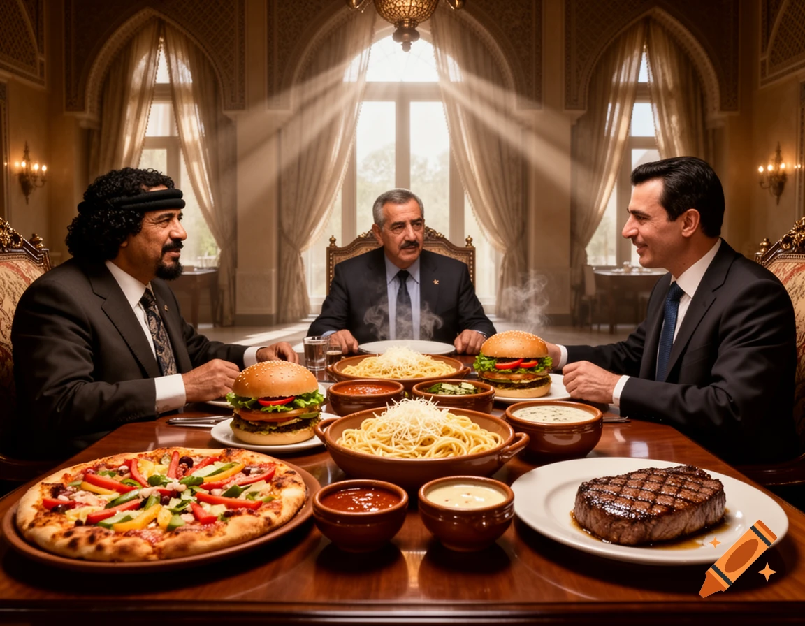 Three men in suits dine at a grand table laden with pizza, pasta, burgers, and steak in a lavish, sunlit room.
