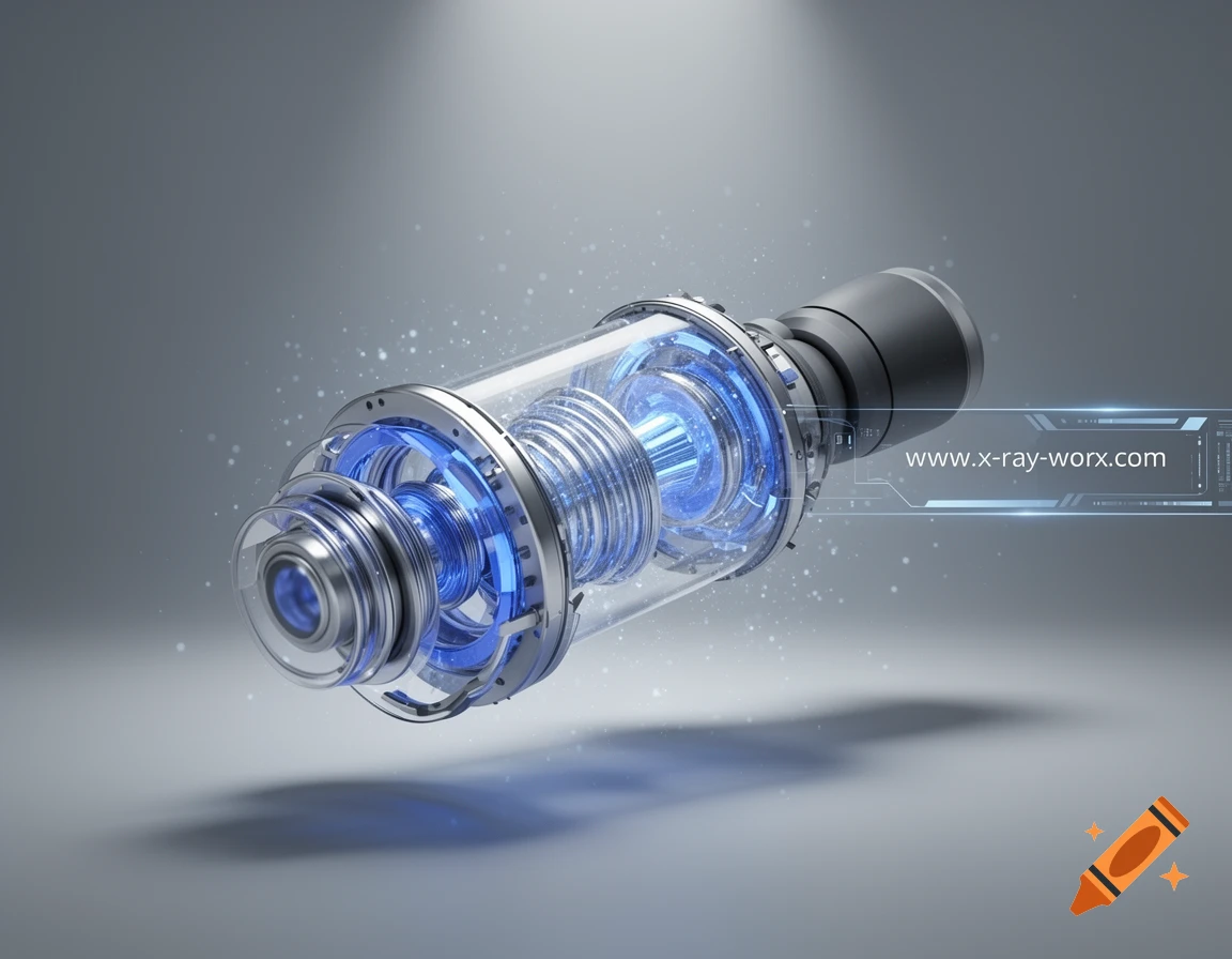A detailed 3D render of a transparent microfocus X-ray tube with glowing blue internal components, against a grey background, displaying 'www.x-ray-worx.com'.