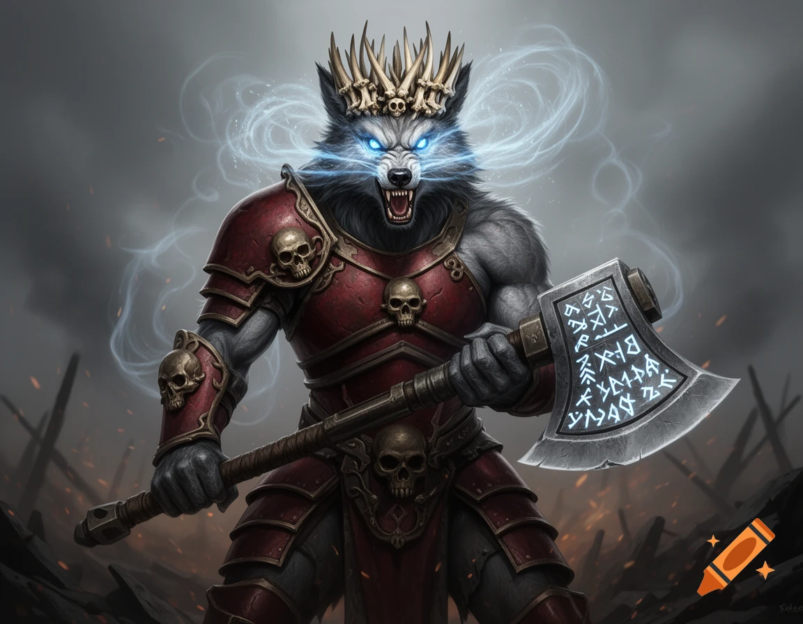 Digital art of an aggressive werewolf warrior with glowing blue eyes and a spiked crown. He wears dark red plate armor with skulls and wields a magical battle axe with glowing runic symbols.