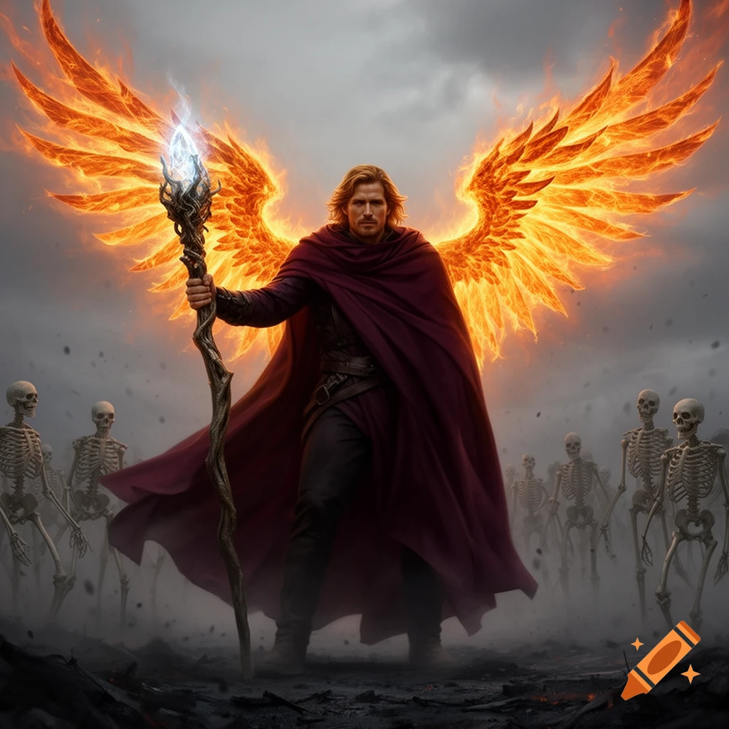 A man with fiery wings and a glowing staff stands in a desolate, foggy landscape, surrounded by an army of skeletons.