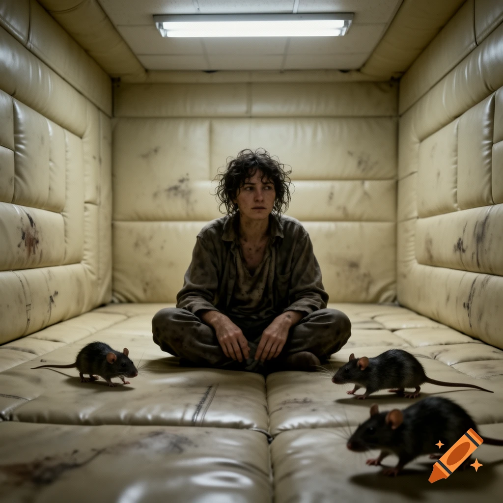 A disheveled person sits cross-legged in a dirty, padded room, looking distressed, while several rats are on the floor around them. Photorealistic style.