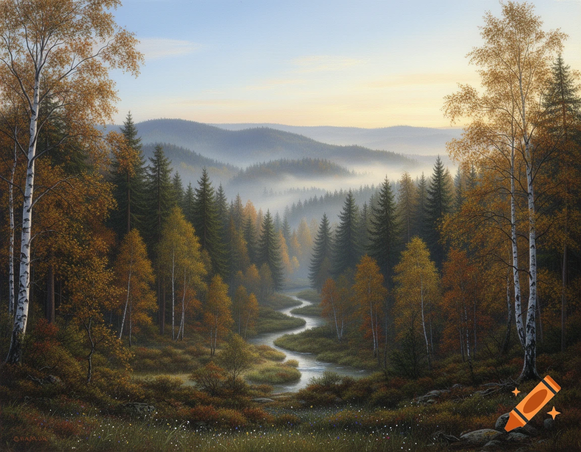 Detailed painting of an autumn forest with a winding river, misty hills, and prominent birch trees under a pale sky.