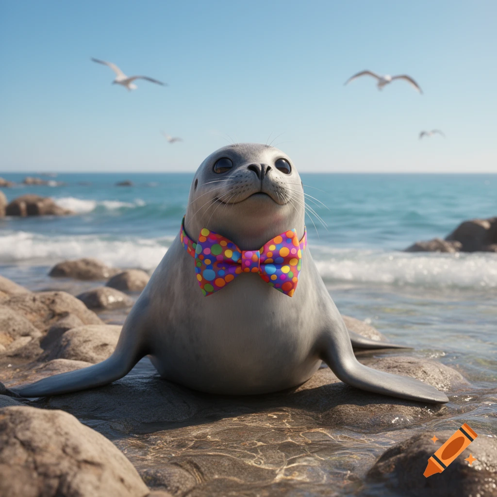 A photorealistic seal wearing a colorful polka-dot bow tie sits on rocks at a sunny beach with seagulls flying overhead.