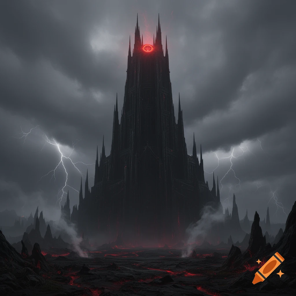 Ominous dark gothic fortress with a glowing red eye, surrounded by lightning and lava, under a stormy sky.