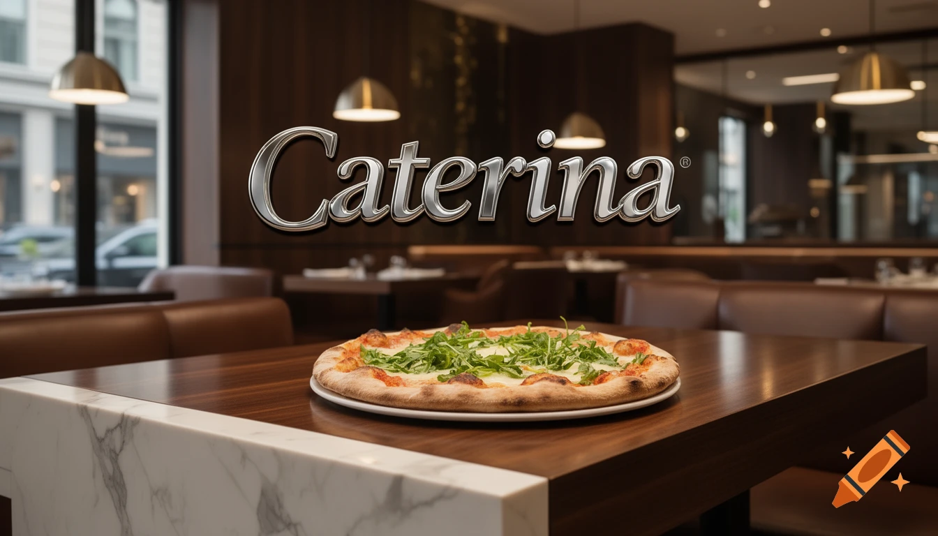 A pizza with arugula on a table in a modern restaurant setting, with the name "Caterina" in chrome lettering floating above.
