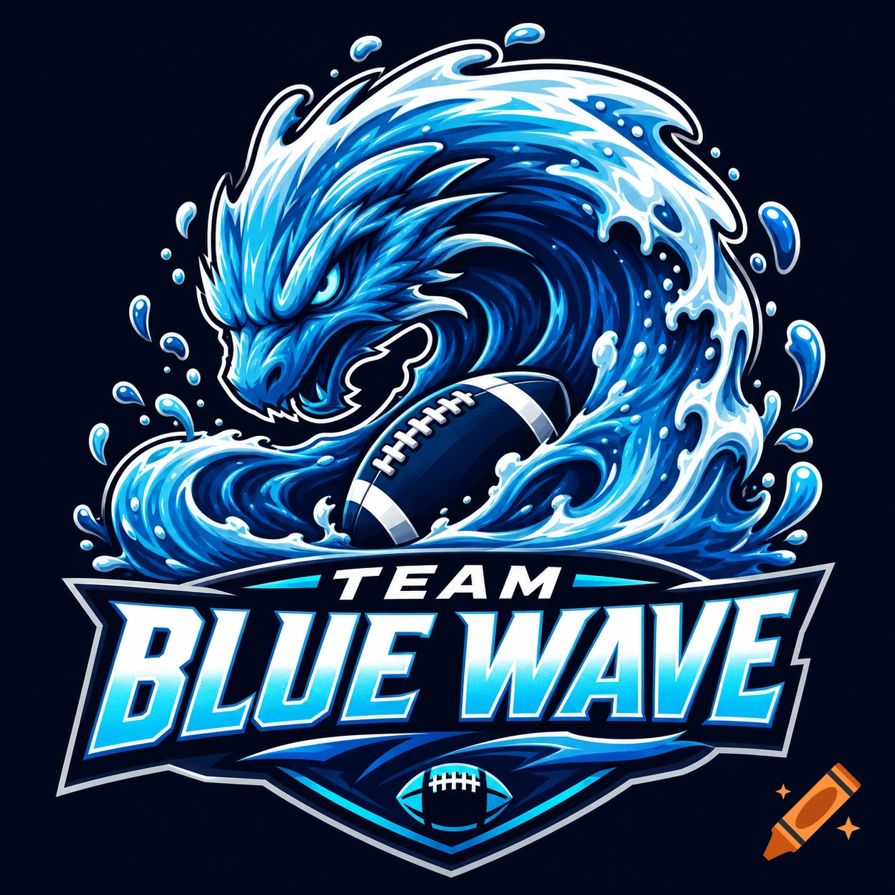 Stylized blue wave dragon mascot logo with a football and 'TEAM BLUE WAVE' text.