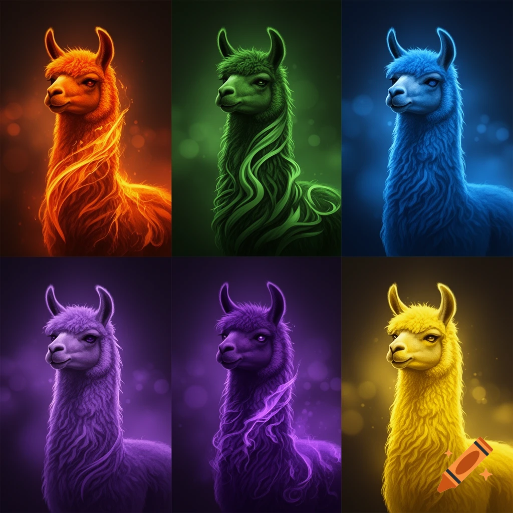 Six stylized llama portraits in a grid, each glowing with a different color: orange, green, blue, two purple, and yellow.