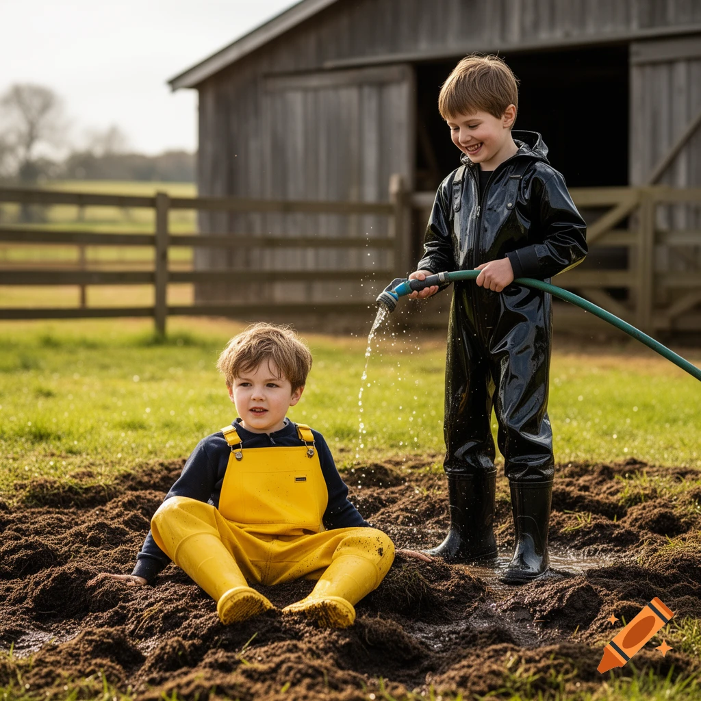 Two young boys, one in yellow overalls sitting in mud, the other in black overalls spraying water from a hose on a farm.