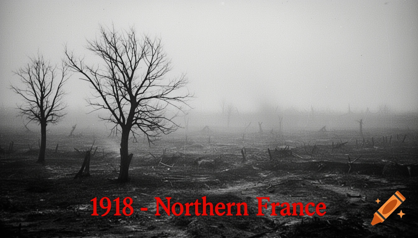 Black and white photo of a foggy, desolate war-torn landscape with bare trees, labeled '1918 - Northern France' in red text.