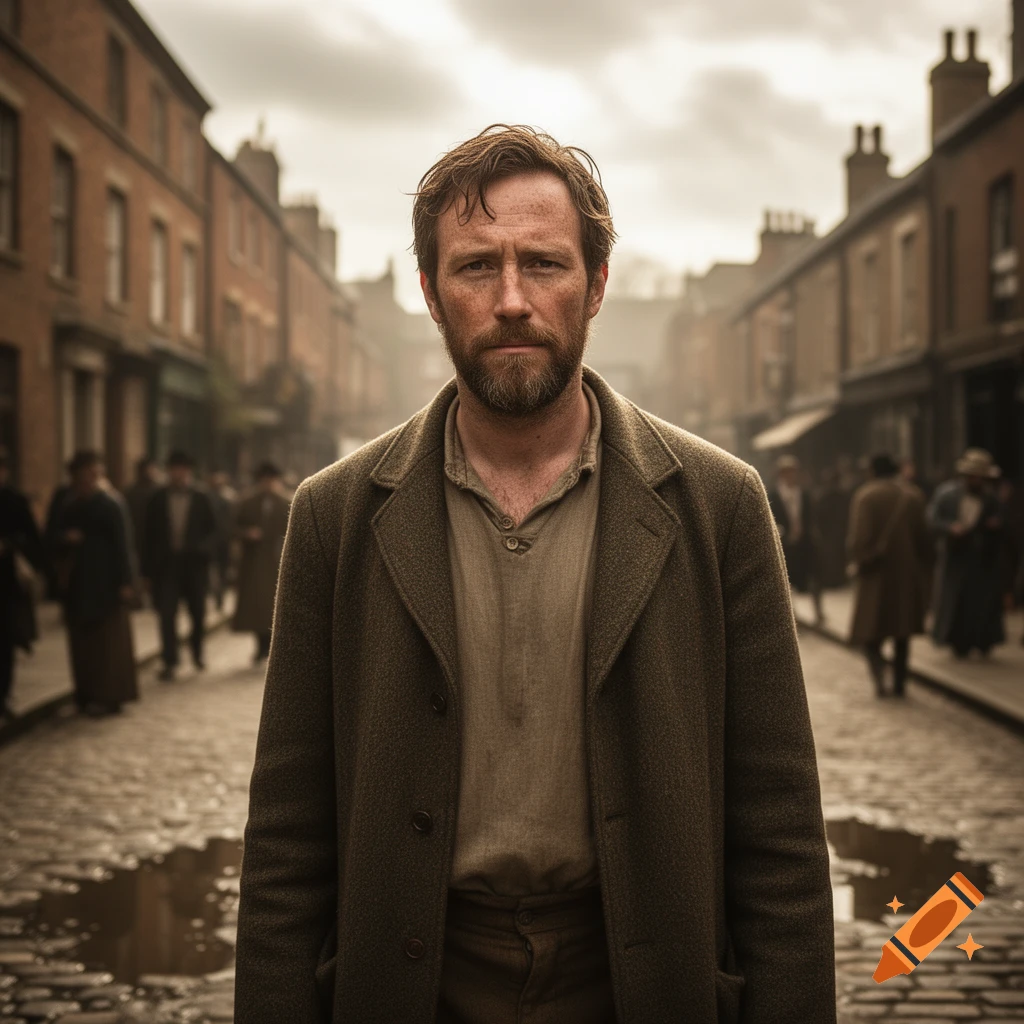 A somber man with a beard and a coat stands in a cobblestone street, surrounded by blurry figures and brick buildings under a cloudy sky.