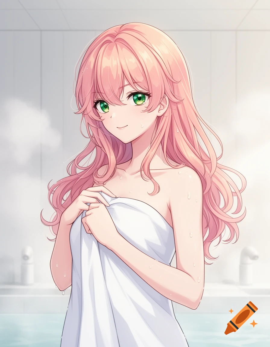 Anime woman with pink hair and green eyes, smiling and wrapped in a white towel with water droplets in a bathroom setting.