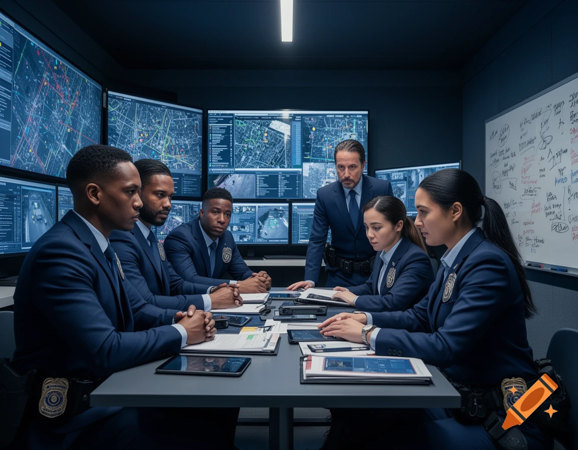 Police intelligence investigators in dark blue suits and uniforms gather around a table in a dark room with many large monitors displaying maps and data, one officer stands.