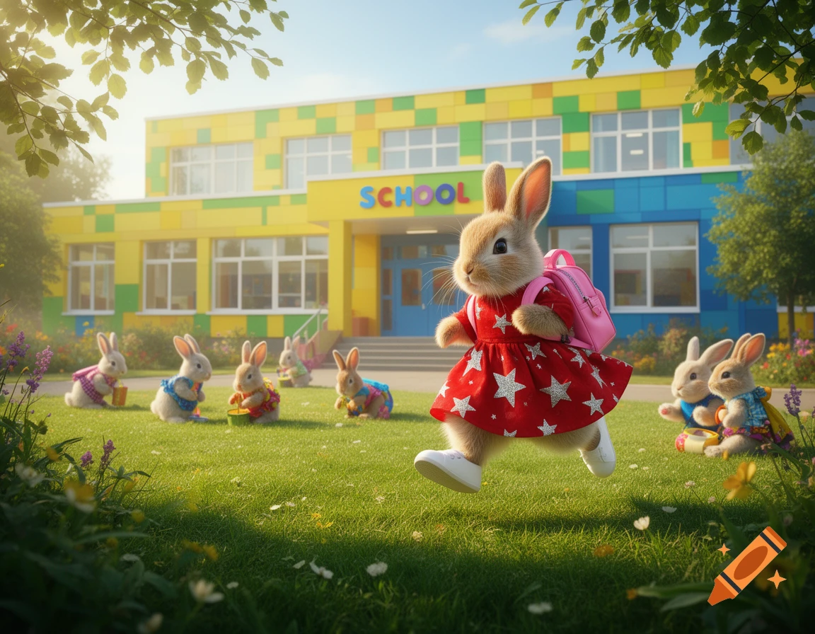 A fluffy rabbit in a red star dress and pink backpack runs across a sunny green lawn in front of a colorful school building, with other rabbits playing nearby.