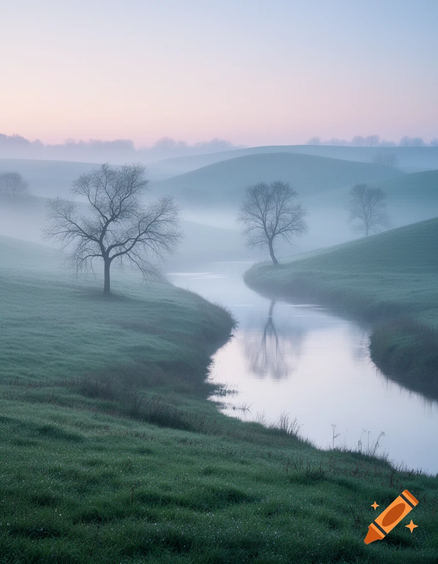 Misty morning landscape with a winding river reflecting bare trees and rolling hills in soft pastel colors.