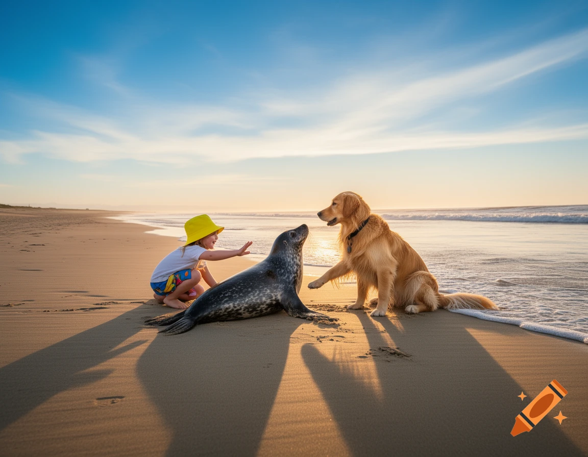 A child in a yellow hat, a seal, and a golden retriever interact on a sandy beach at sunset.